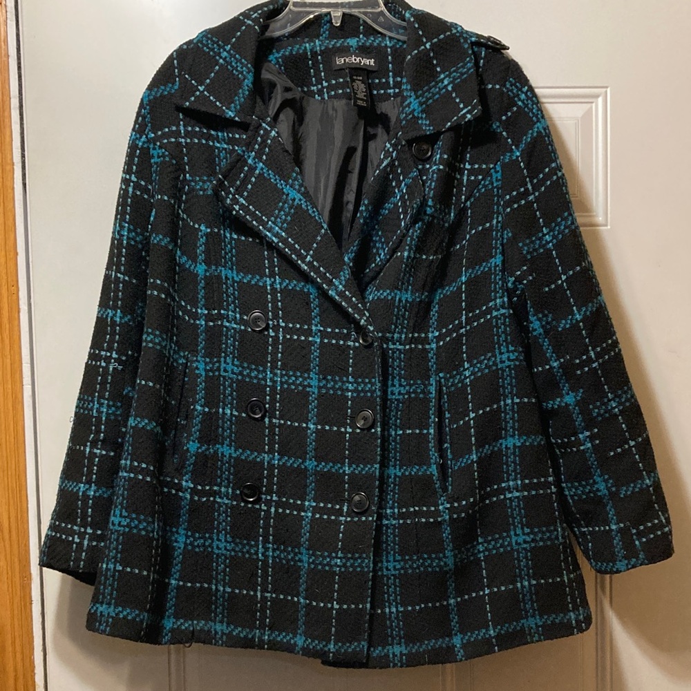 Lane Bryant Women's Black and Teal Plaid Pea Coat 18/20